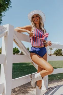 PINK DESERT HIGH NECK RACERBACK ZIPPER MIDKINI SWIM TOP IN AMERICANA STRIPE