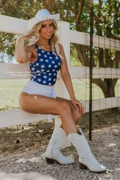 PINK DESERT HIGH NECK RACERBACK ZIPPER MIDKINI SWIM TOP IN SPANGLED STAR PRINT