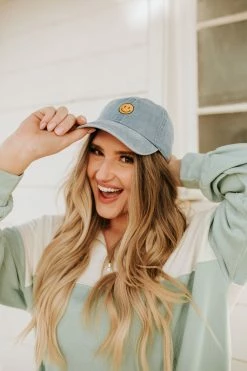 David And Young ACCESSORIES THE SMILEY FACE VINTAGE WASHED HAT IN DENIM BLUE