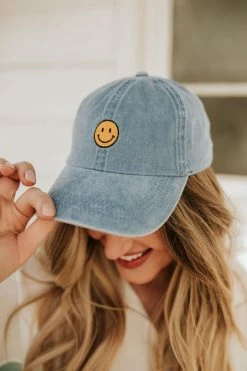 David And Young ACCESSORIES THE SMILEY FACE VINTAGE WASHED HAT IN DENIM BLUE