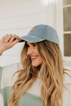 David And Young ACCESSORIES THE SMILEY FACE VINTAGE WASHED HAT IN DENIM BLUE