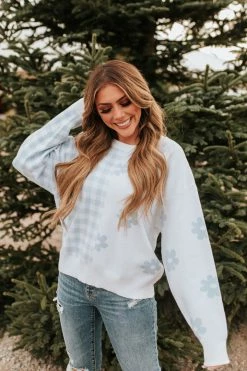 Le Lis THE BOBBY CHECKERED DAISY SWEATER IN BABY BLUE