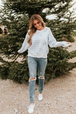 Le Lis THE BOBBY CHECKERED DAISY SWEATER IN BABY BLUE