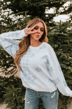 Le Lis THE BOBBY CHECKERED DAISY SWEATER IN BABY BLUE