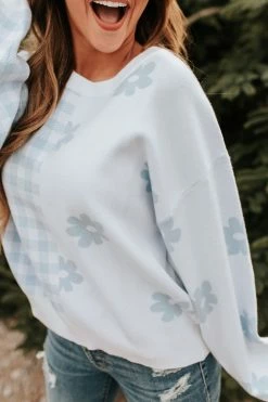 Le Lis THE BOBBY CHECKERED DAISY SWEATER IN BABY BLUE