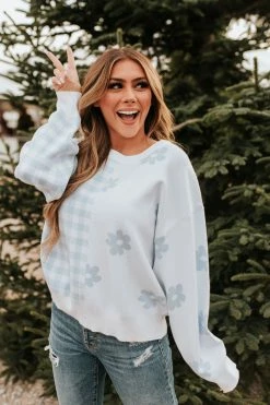 Le Lis THE BOBBY CHECKERED DAISY SWEATER IN BABY BLUE