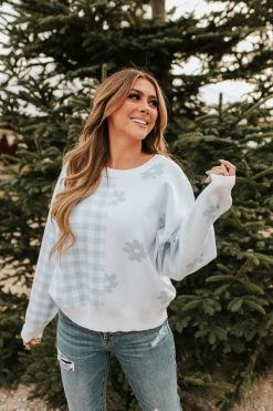 Le Lis THE BOBBY CHECKERED DAISY SWEATER IN BABY BLUE