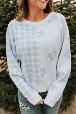 Le Lis THE BOBBY CHECKERED DAISY SWEATER IN BABY BLUE