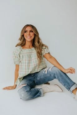 Hayden Los Angeles THE CALL ME MAYBE BABYDOLL TOP IN SAGE PLAID TOPS