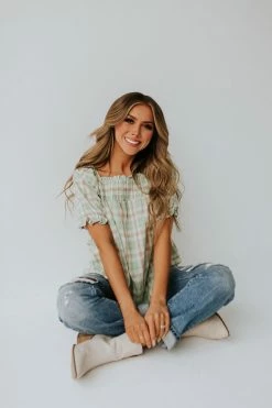 Hayden Los Angeles THE CALL ME MAYBE BABYDOLL TOP IN SAGE PLAID TOPS