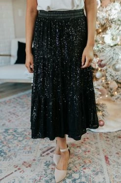 Calista THE MIDNIGHT STROLL MIDI SKIRT IN BLACK SEQUINS