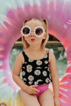 PINK DESERT GIRLS MINI RUFFLE PEPLUM SWIMSUIT SET IN LA LA DAISY AND NEON LILAC