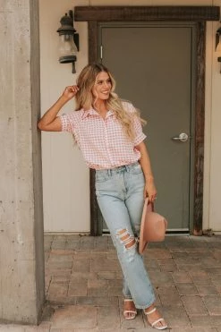 Must Have THE PIPER BUTTON DOWN TOP IN PINK GINGHAM NEW ARRIVALS