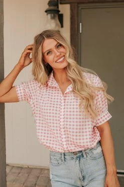 Must Have THE PIPER BUTTON DOWN TOP IN PINK GINGHAM NEW ARRIVALS