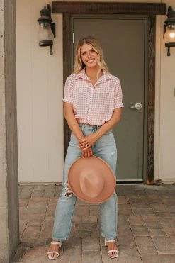 Must Have THE PIPER BUTTON DOWN TOP IN PINK GINGHAM NEW ARRIVALS