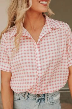 Must Have THE PIPER BUTTON DOWN TOP IN PINK GINGHAM NEW ARRIVALS