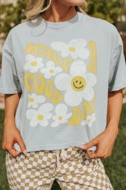 Honestee THE HAVE A GOOD DAY FLORAL GRAPHIC TEE IN OCEAN BLUE TOPS