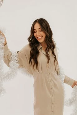 Andree By Unit LARGE THE CHANTEL BUTTON DOWN MIDI DRESS IN CHAMPAGNE