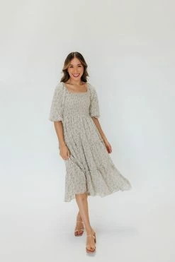 Mikarose NEW ARRIVALS THE GRETA SMOCKED MIDI DRESS IN GREEN FLORAL BY MIKA ROSE