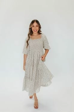 Mikarose NEW ARRIVALS THE GRETA SMOCKED MIDI DRESS IN GREEN FLORAL BY MIKA ROSE