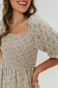 Mikarose NEW ARRIVALS THE GRETA SMOCKED MIDI DRESS IN GREEN FLORAL BY MIKA ROSE