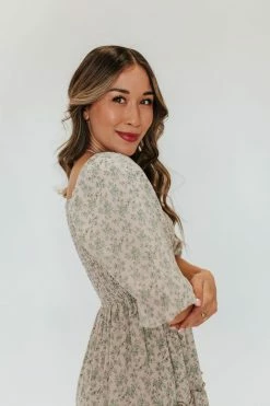 Mikarose NEW ARRIVALS THE GRETA SMOCKED MIDI DRESS IN GREEN FLORAL BY MIKA ROSE