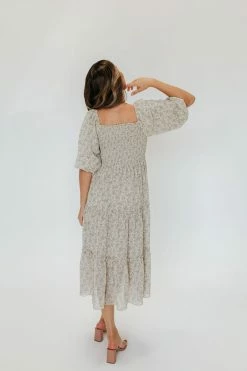 Mikarose NEW ARRIVALS THE GRETA SMOCKED MIDI DRESS IN GREEN FLORAL BY MIKA ROSE