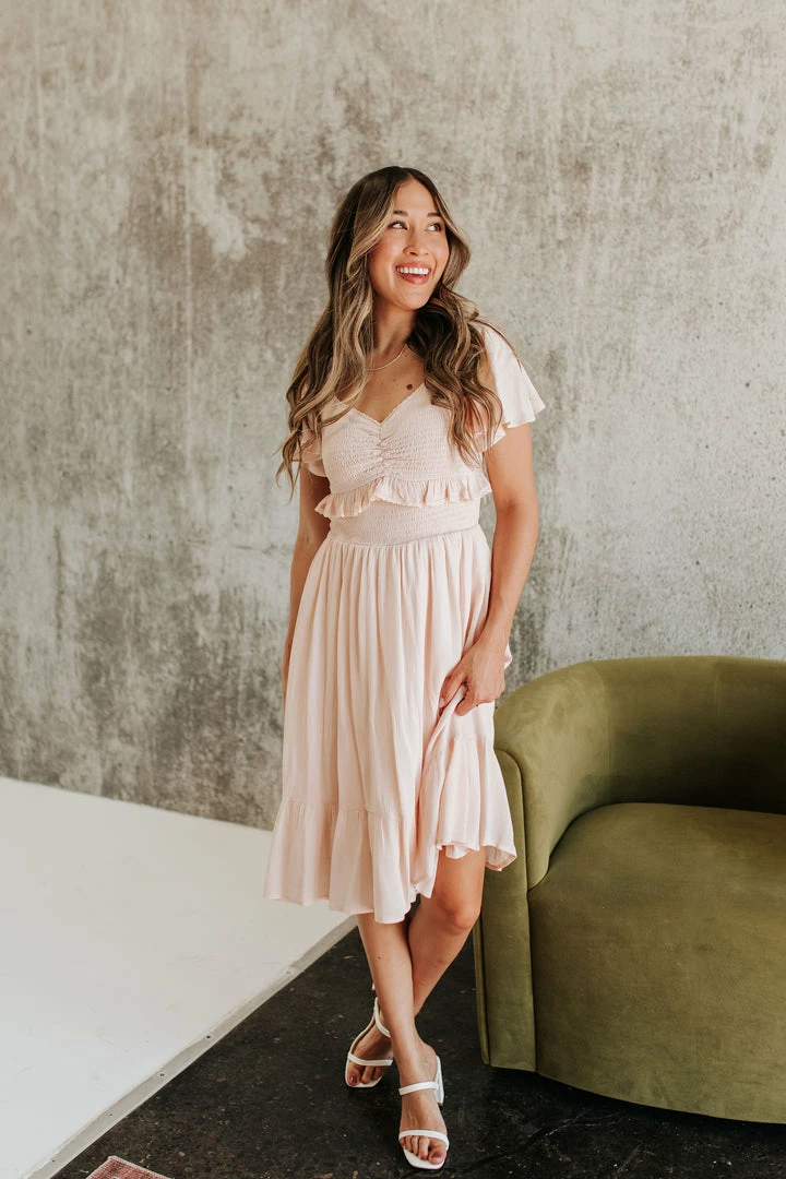 Polagram/Baevely NEW ARRIVALS THE PRECIOUS SMOCKED MIDI DRESS IN LIGHT PEACH 1 Polagram/Baevely NEW ARRIVALS THE PRECIOUS SMOCKED MIDI DRESS IN LIGHT PEACH