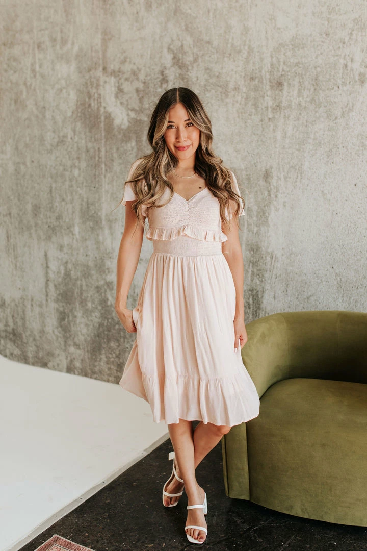 Polagram/Baevely NEW ARRIVALS THE PRECIOUS SMOCKED MIDI DRESS IN LIGHT PEACH 2 Polagram/Baevely NEW ARRIVALS THE PRECIOUS SMOCKED MIDI DRESS IN LIGHT PEACH