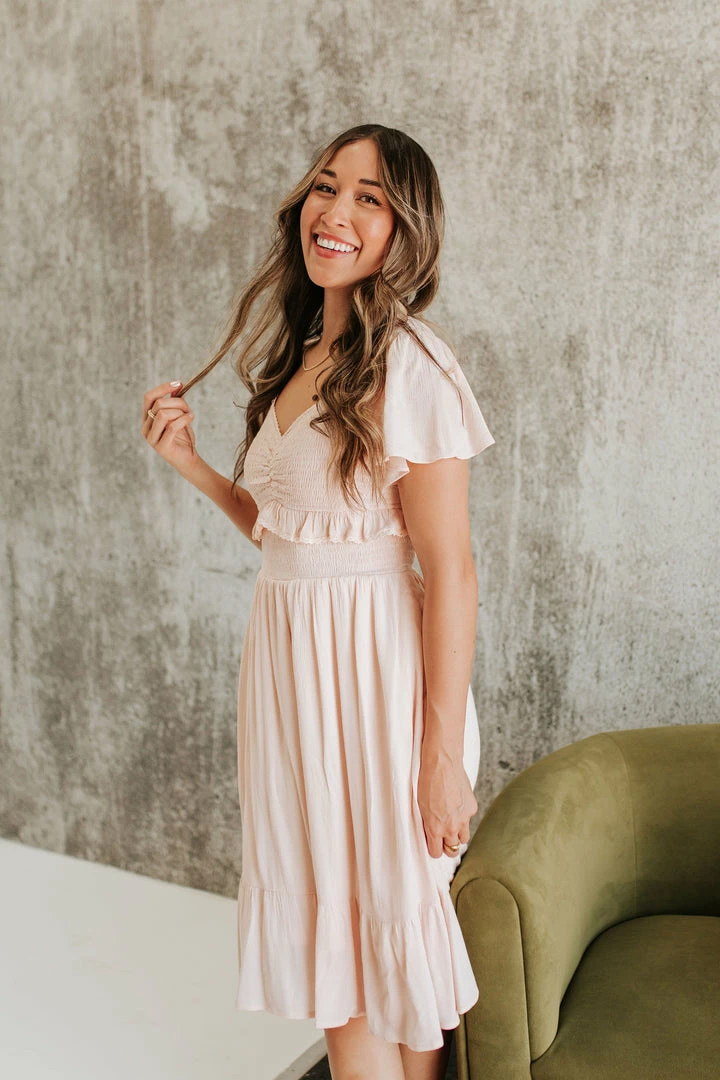 Polagram/Baevely NEW ARRIVALS THE PRECIOUS SMOCKED MIDI DRESS IN LIGHT PEACH 4 Polagram/Baevely NEW ARRIVALS THE PRECIOUS SMOCKED MIDI DRESS IN LIGHT PEACH