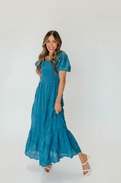 Polagram/Baevely THE ATHENA SMOCKED MAXI DRESS IN BLUE NEW ARRIVALS