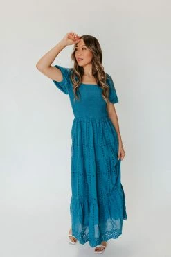 Polagram/Baevely THE ATHENA SMOCKED MAXI DRESS IN BLUE NEW ARRIVALS