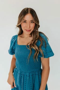 Polagram/Baevely THE ATHENA SMOCKED MAXI DRESS IN BLUE NEW ARRIVALS