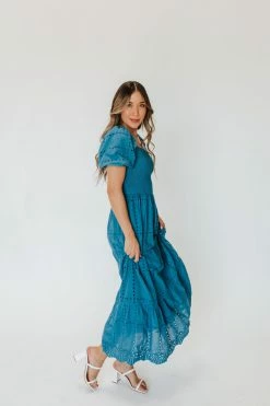 Polagram/Baevely THE ATHENA SMOCKED MAXI DRESS IN BLUE NEW ARRIVALS