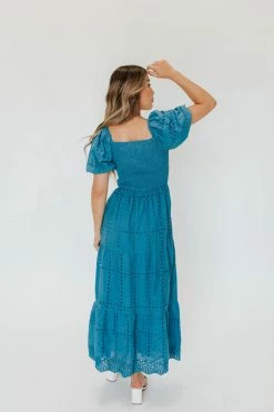 Polagram/Baevely THE ATHENA SMOCKED MAXI DRESS IN BLUE NEW ARRIVALS