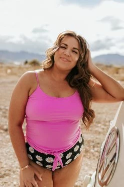 PINK DESERT TIE FRONT BLOUSON TANKINI SWIM TOP IN NEON LILAC