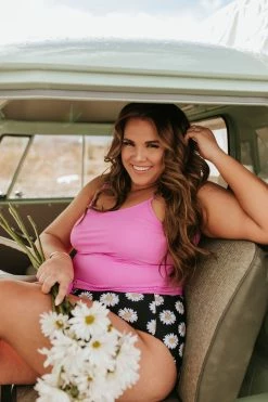 PINK DESERT TIE FRONT BLOUSON TANKINI SWIM TOP IN NEON LILAC