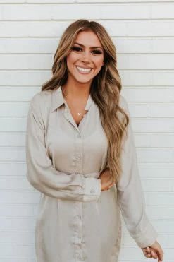 Andree By Unit LARGE THE CHANTEL BUTTON DOWN MIDI DRESS IN CHAMPAGNE