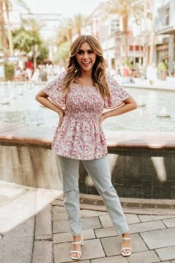 Hayden Los Angeles THE PINK PEONIES PEPLUM TOP IN FLORAL TOPS