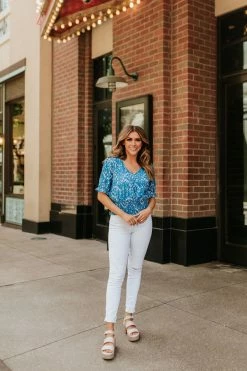 Hayden Los Angeles THE SUMMERS DAY SMOCKED TOP IN BLUE FLORAL