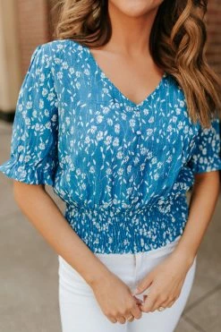 Hayden Los Angeles THE SUMMERS DAY SMOCKED TOP IN BLUE FLORAL