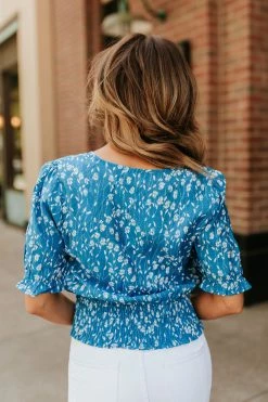 Hayden Los Angeles THE SUMMERS DAY SMOCKED TOP IN BLUE FLORAL