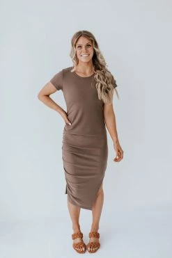 Wishlist THE CHANEL RIBBED RUCHED DRESS IN CHOCOLATE