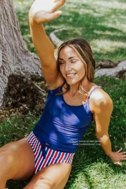 PINK DESERT TIE FRONT BLOUSON TANKINI SWIM TOP IN INDIGO