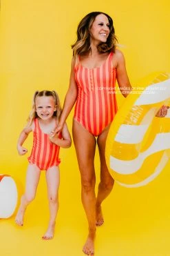 GIRLS MINI RUFFLE LEG SCOOP ONE PIECE SWIMSUIT IN SORBET STRIPE BY PINK DESERT