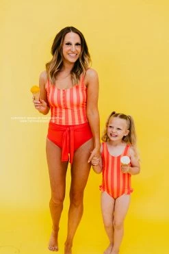 BUTTON FRONT MIDKINI SWIM TOP IN SORBET STRIPE BY PINK DESERT