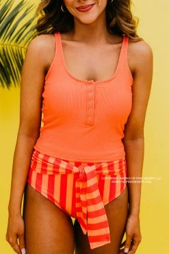 HIGH WAIST TIE FRONT SWIM BOTTOMS IN SORBET STRIPE BY PINK DESERT