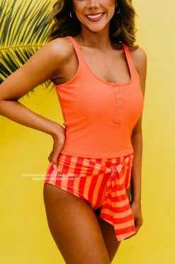 HIGH WAIST TIE FRONT SWIM BOTTOMS IN SORBET STRIPE BY PINK DESERT