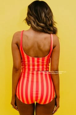 BUTTON FRONT MIDKINI SWIM TOP IN SORBET STRIPE BY PINK DESERT