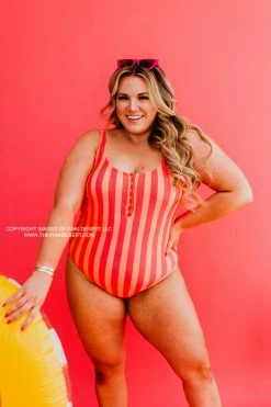 BUTTON FRONT ONE PIECE IN SORBET STRIPE BY PINK DESERT SWIM